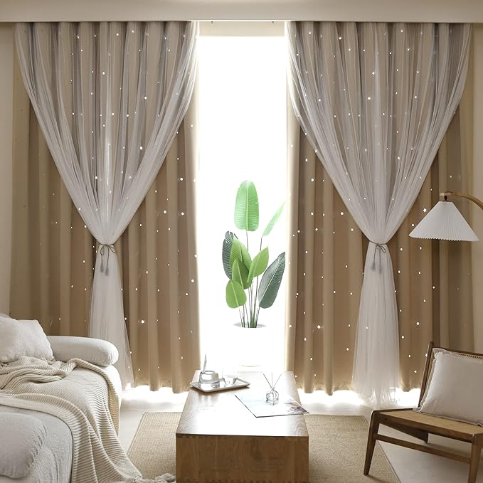 Kinryb Kids Blackout Curtains for Bedroom/Living Room/Classroom, Sheer Overlay 2 Panel Set, Double Layer Curtains with Star Cutout for Kids Room(Each Piece W 70 x L 84 Inches 2 Pcs Beige)