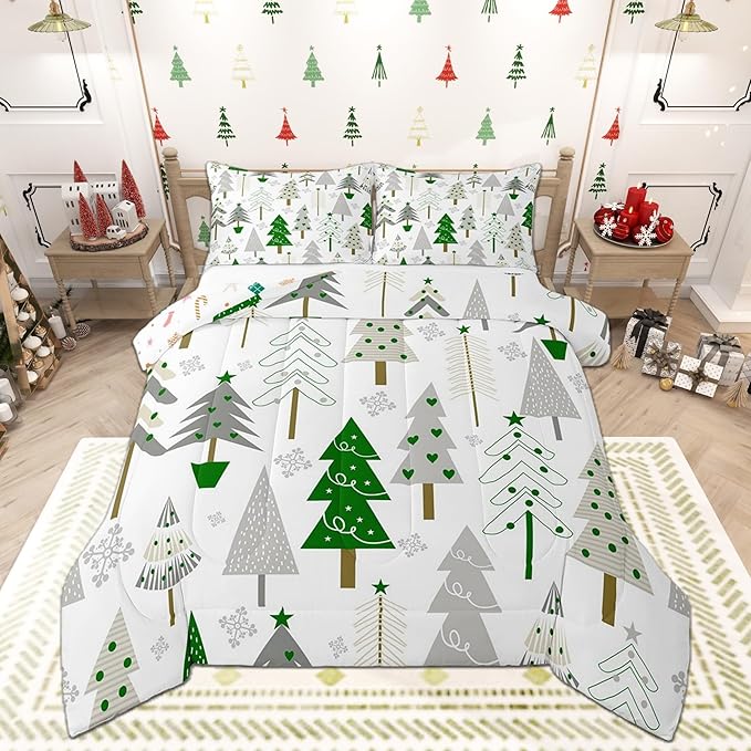 Castle Fairy Xmas Trees Comforter Set Queen Size,Merry Christmas Pine Hand Drawn Bedding Set for Women Adult,Green Plant Snowflakes Winter Luxury Bed Duvet Insert, 2 Pillowcases