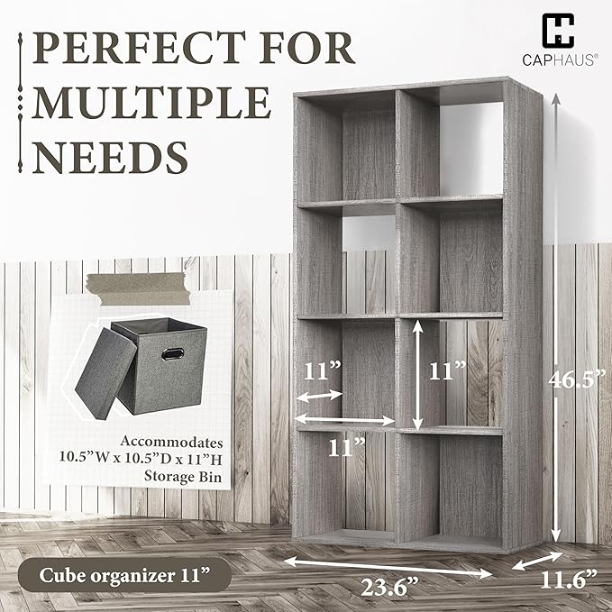 CAPHAUS 11-Inch Cube Storage Organizer Shelf, Home Storage Shelf Divider w/Back, 8-Cube Storage Bookcase, Greige Oak