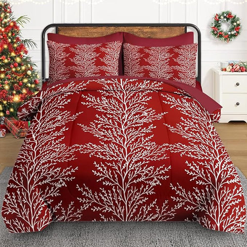 7 Pcs Queen Size Christmas Comforter Set with 2 Pillowcases & 2 Shams, Red Botanical Bedding for Kids and Adults, Winter Tree Branch Bed in a Bag with Flat Fitted Sheet