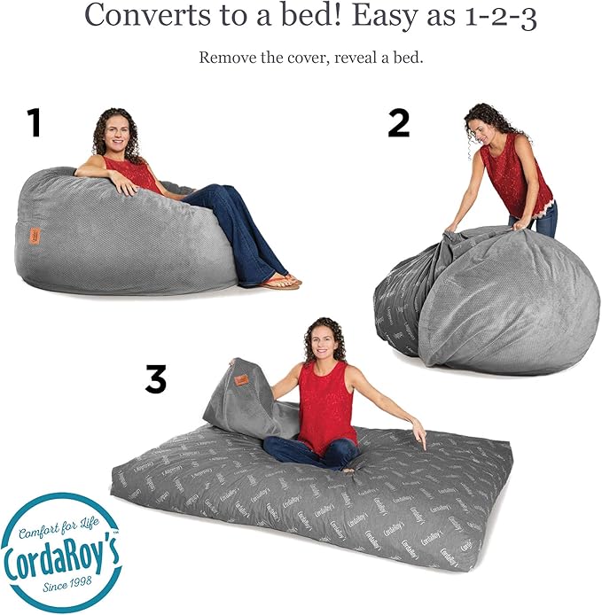 CordaRoy's Chenille Bean Bag-Convertible Bean Bag Chair-Machine-Washable Chenille Fabric Cover-for Basement,Living Room,Game Room,Dorm & More - King Size - Charcoal | Made in The USA