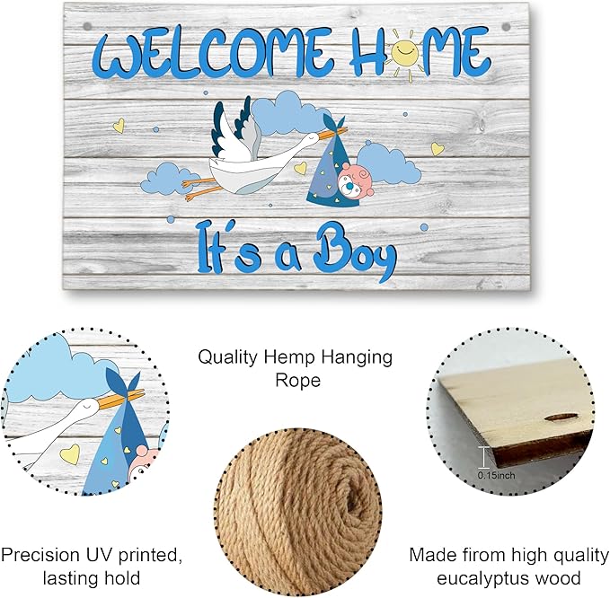 Welcome Home Newborn Baby It’s a Boy Wooden Door Sign, Baby Boy Signs for Door, Welcome Sign Décor for Front Door & Nursery, Hanging Newborn Announcement Plaque