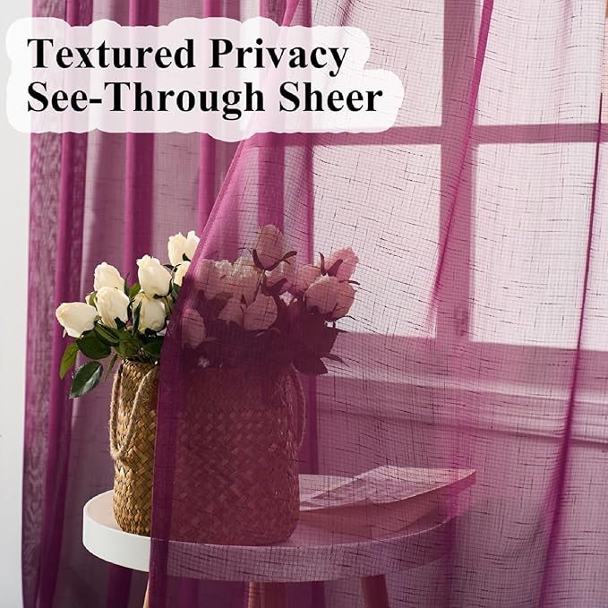 Plum Purple Curtains Sheer 102 Inch Long, Dark Linen Look Textured Light Filtering Drapes, Rustic Eggplant Transparent Window Decor, Floor to Ceiling Pinch Pleat Curtain with Hooks
