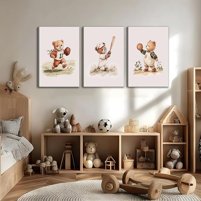 3Pcs Nursery Bear Canvas Wall Art Nursery Animal Poster Prints Teddy Bear Painting Boy Sports Picture Football Basketball Kids Room Artwork Wall Decor for Children Bedroom Playroom 16x24in Framed