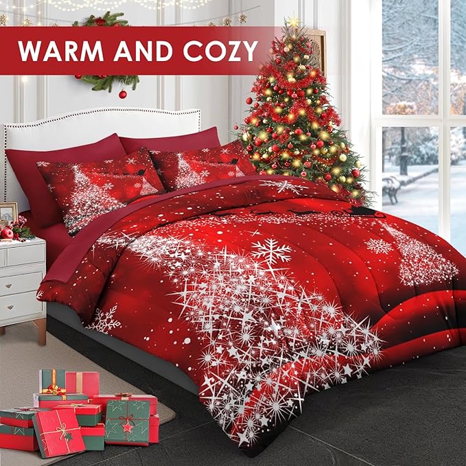 7 Pcs Full Size Christmas Comforter Set with 2 Pillowcases & 2 Shams, Glitter Pine Tree Bedding for Kids and Adults, Winter Elegant Snowflake Bed in a Bag with Flat Fitted Sheet