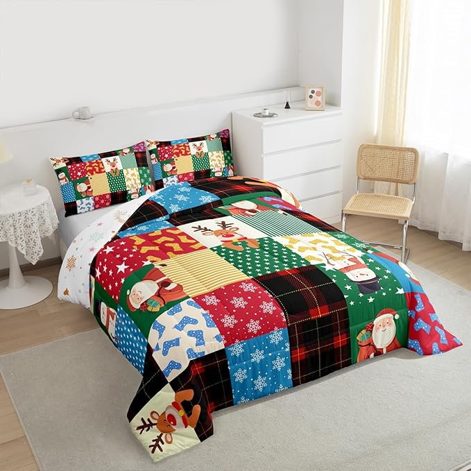 Feelyou Patchwork Christmas Bedding Set Soft for Boys Girls, Santa Claus Reindeer Comforter Set Full Size Snowman Duvet Quilt Microfiber Snowflake Bedroom Decor 3 Pcs with 2 Pillow Cases