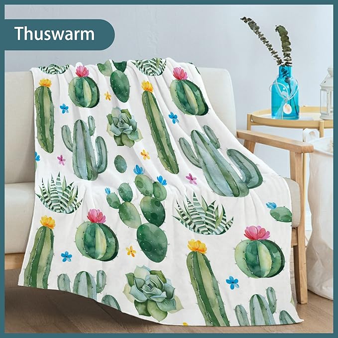 Thuswarm Cactus Flower Succulent Flannel Blanket for Autumn Winter Gifts Warm Cozy Soft Funny Print Throw for Bed Couch Sofa 80”×60” Large for Adult