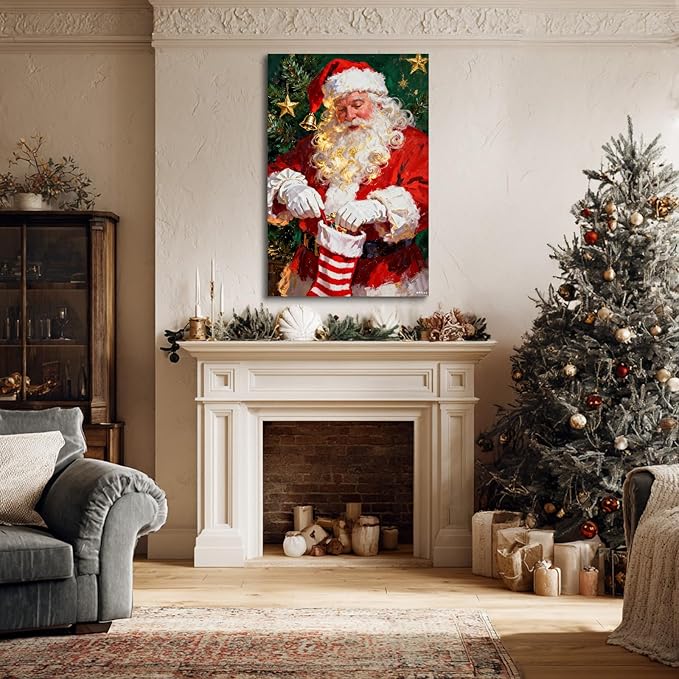 YONICA Christmas Canvas Wall Art Stocking Santa 28x40 Inch Oil Painting Filling Christmas Sock - Large Framed Gallery Wrapped Family Tradition