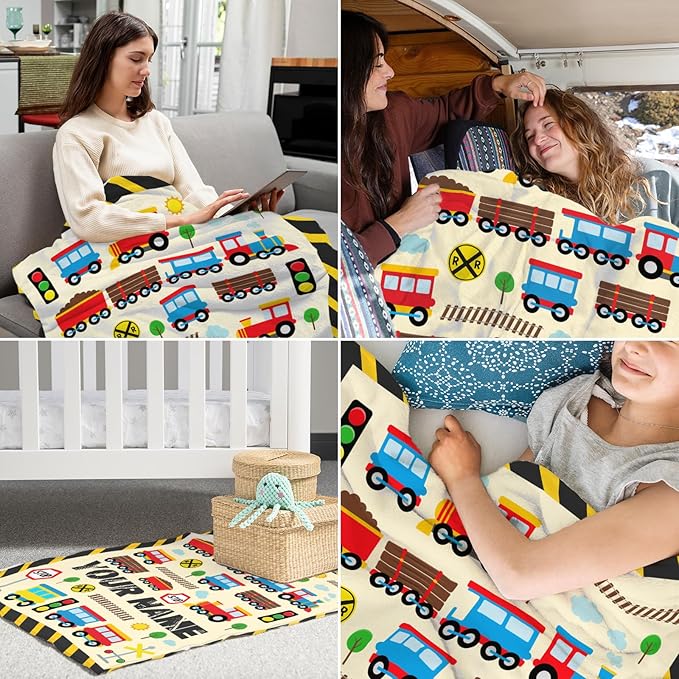 Personalized Train Throw for Adults - 60" x 80" Inches Cute Train Blanket Gift for Boys - Yellow Soft Cozy Throw Blanket for Bed, Couch, Travel