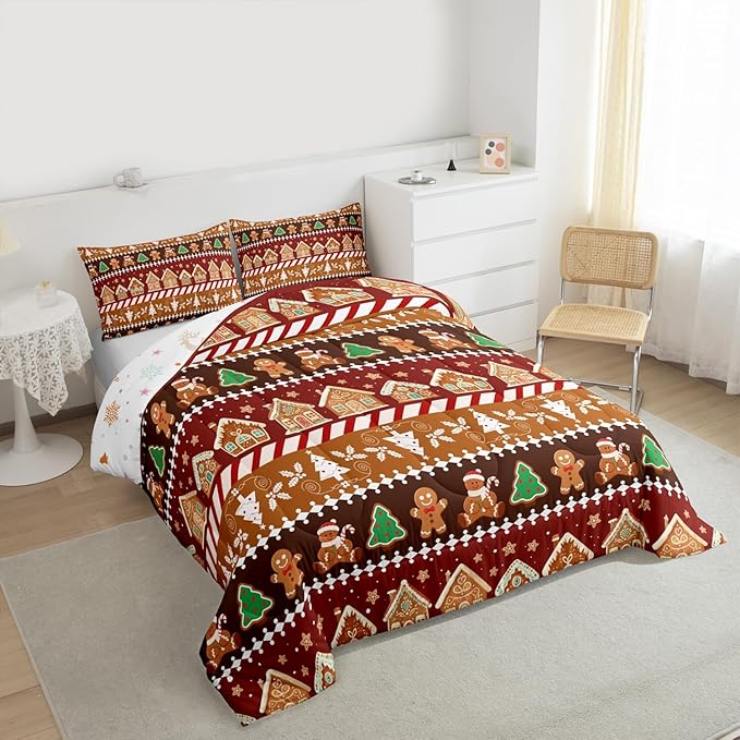Feelyou Merry Christmas Comforter Set Twin Size Greenland Home Bedding Set for Kids Boys Girls Xmas Tree Duvet Quilt Striped Bedroom Decor Microfiber 2 Pcs with 1 Pillow Cases
