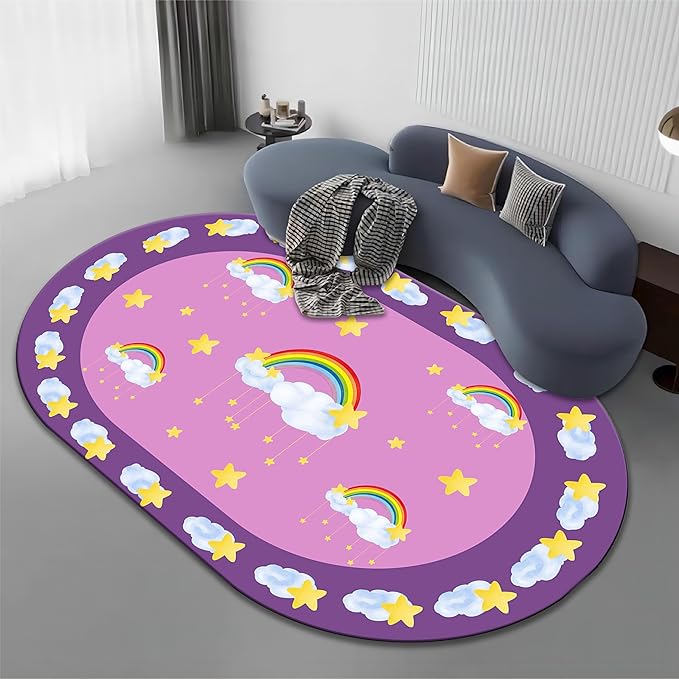 Rainbow Stars Kids Rug, 5x6ft, White Clouds Yellow Stars Pattern Oval Rug, Cute Soft Indoor Carpet for Girls Bedroom, Non-Slip Washable Low Pile Floor Mats for Classroom Nursery Playroom