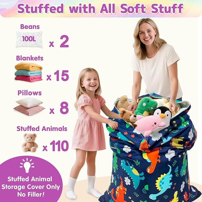 Jorbest Stuffed Animal Storage Bean Bag Chair Cover for Kids Adults, Dinosaur Stuffed Animal Bean Bag Storage, Dinosaur Storage Bag - Cover ONLY(200 L/52 Gal)