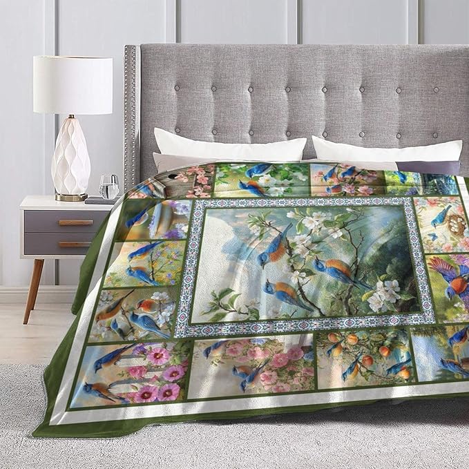 Blue Hummingbirds Blanket Moutain Flowers Bird Throw Blankets Gifts for Girls Boys Women Cozy Warm Soft Fuzzy Flannel Throw Plush Stuffed Animal Fleece Gifts for Kids Men Women for Sofa Bed 60" x80"