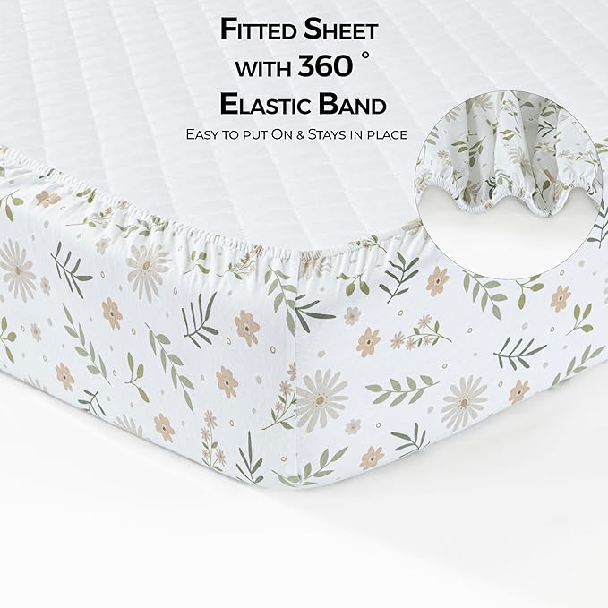 Dreamology Mini Crib Sheets Fitted,100% Cotton Crib Sheets,Super Soft, 2 Pack, Pack and Play Sheets, Mini Crib Mattress Sheets for Boys,Girls,Pack n Play Sheets,38x24 Mini Crib Sheets | Green,Flowers