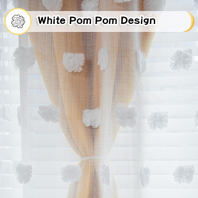MYSKY HOME Yellow Curtains for Living Room Nursery Curtains 84 Inch Long Double Layer Curtains for Kids Room White Pom Pom Sheer Blackout Grommet Room Darkening Window Curtains 2 Panels Set 52" x 84"