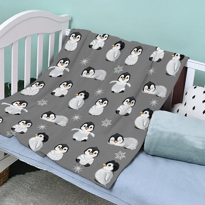 Thuswarm Cute Penguin Grey Flannel Throw Blanket Gifts Warm Cozy Soft Funny Print Blankets for Summer Room Decoration Bed Couch Sofa 60”×50” Medium for Teen