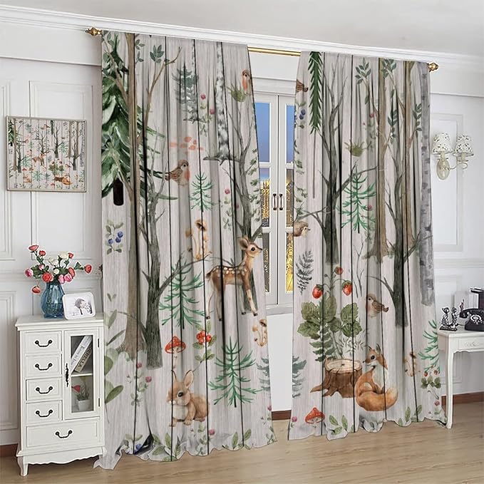 Forest Animal Curtains,Winter Dry Branches Pine Tree Moose Bear Animal Print Curtains for Children Boys and Girls Bedroom Living Room 42x63in