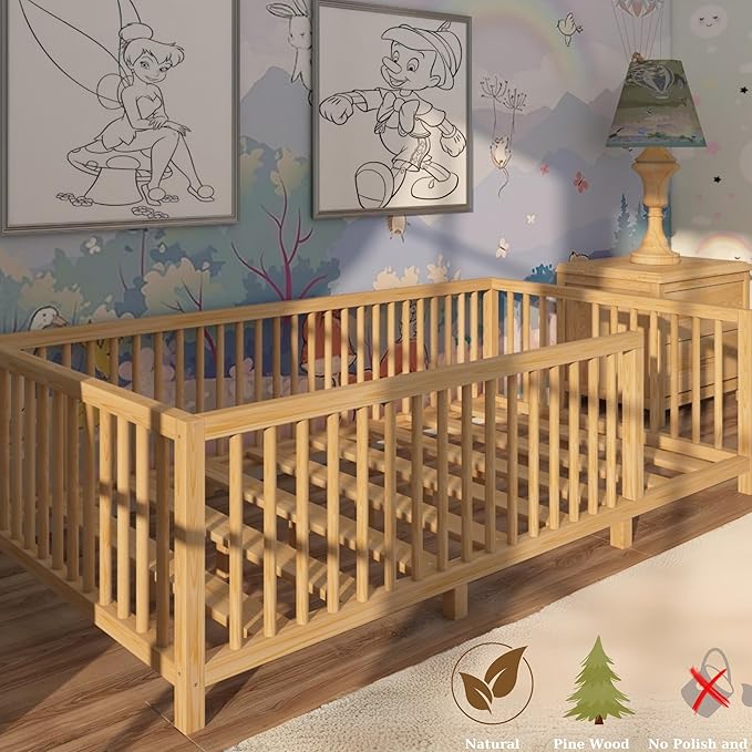 Montessori Floor Bed with Slats for Toddler 54.3'' x 75.2'' Full Size | Pine Wood Natural Solid Frame Bed | Sturdy Design Floor Bed Frame for Boy and Girls (Full, Height : 19 Inches)
