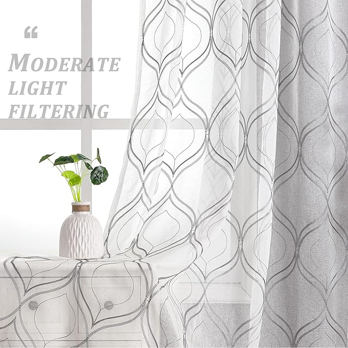 VISIONTEX White Sheer Curtains 108 Inches Long 2 Panels Set Grey Moroccan Embroidered Curtains Trellis French Textured Rod Pocket Voile Tulle Semi Window Drapes for Bedroom Living Room 54 x 108 Inch