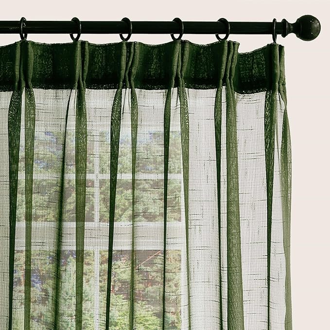 Olive Green Sheer Curtains 102 Inch Long 2 Panels, Dark Textured Linen Look See Through Drapes, Thin Light Filtering Window Treatments, DIY Pinch Pleat Sliding Glass Door Curtain