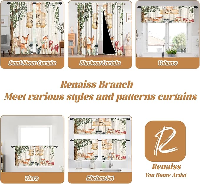 Renaiss 52 x 96 Inch African Safari Baby Curtains Grommet Blackout Window Curtain Planks Animals Tropical Tree Stump Fox Squirrel Mushrooms Print Window Treatment for Kids Boys Bedroom Decor 2 Panels