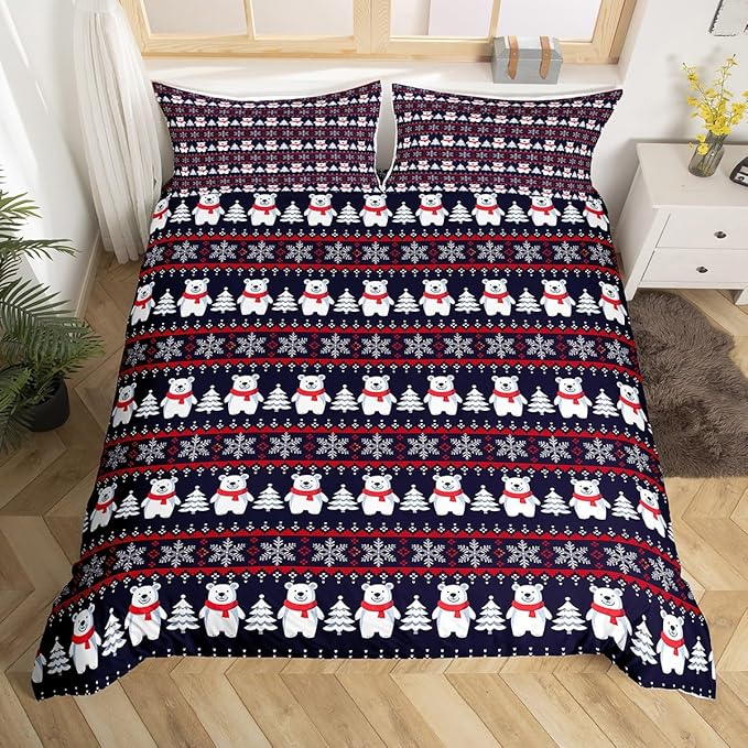 Christmas Bedding Set for Kids Boys Girls Polar Bear Christmas Tree Comforter Cover Set Exotic Ethnic Xmas Theme Duvet Cover Bedroom Decor Snowflake Bedspread Cover King Size Bedding Collection 3Pcs