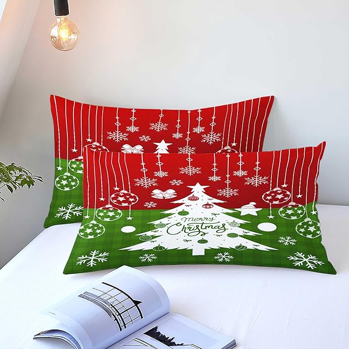 Red Christmas Duvet Cover Queen Size Green Christmas Tree Gingham Bedding Set 3 Pcs Kids Boys Girls Checked Holiday Pattern Comforter Cover with Zipper Closure