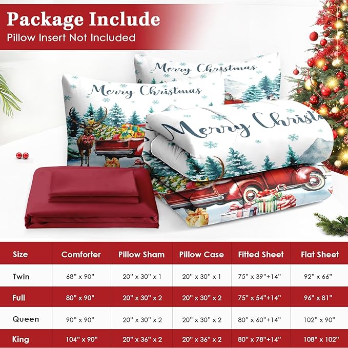 5 Pcs Twin Size Christmas Comforter Set with Pillowcase & Sham, Red Vintage Truck Elk Bedding for Kids and Adults, Winter Forest Bed in a Bag with Flat Fitted Sheet