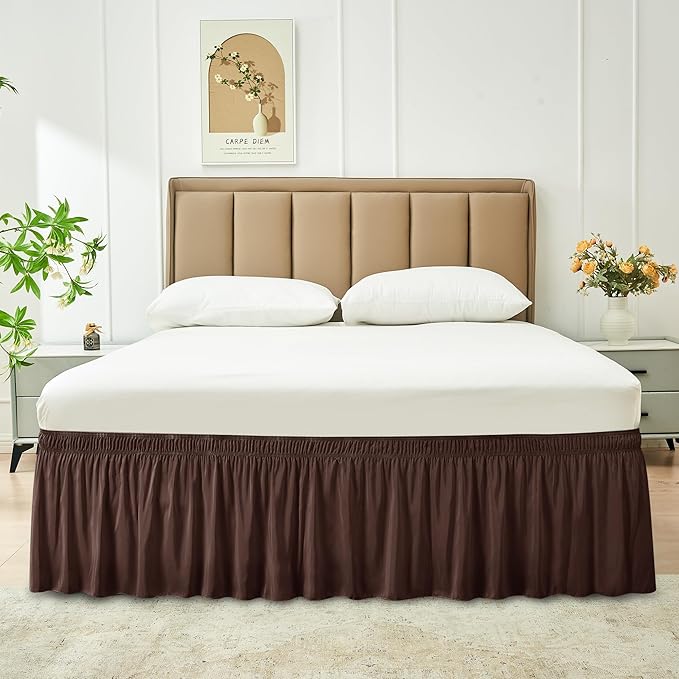 Biscaynebay Wrap Around Bed Skirts for Queen Beds 17" Long Drop, Brown Adjustable Elastic Dust Ruffles Easy Fit Wrinkle & Fade Resistant Silky Luxurious Fabric Solid Machine Washable