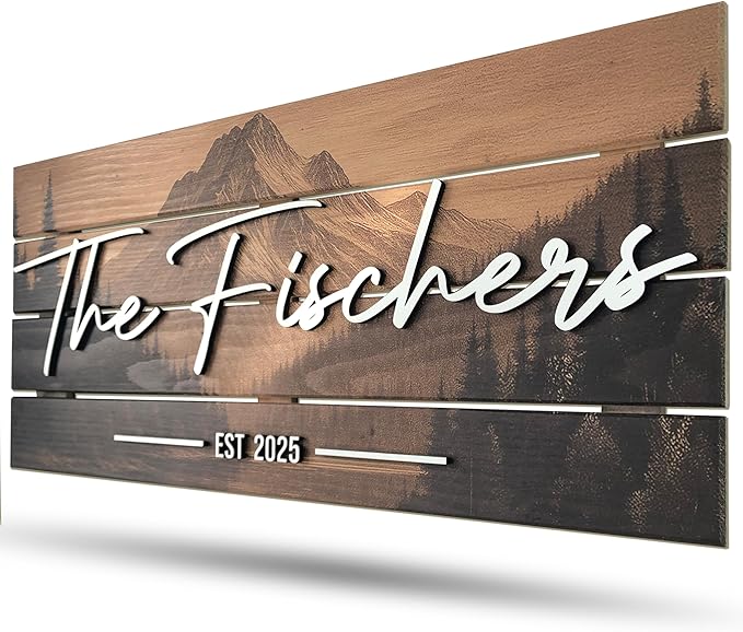 Custom Mountain Family Name Sign - Rustic Wood Wall Decor, Personalized Wedding & Gift for Couples Anniversary, Housewarming Gift for New Home