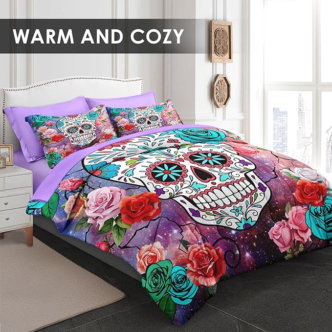 7 Pcs Full Size Comforter Set with 2 Pillowcases & 2 Shams, Sugar Galaxy Bedding for Kids and Adults, Vintage Skeleton Flower Bed in a Bag with Flat Fitted Sheet