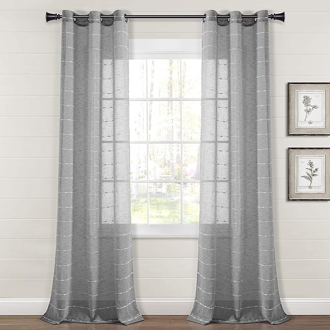 Lush Decor Farmhouse Textured Grommet Sheer Window Curtain Panel Pair, 38"W x 108"L, Dark Gray