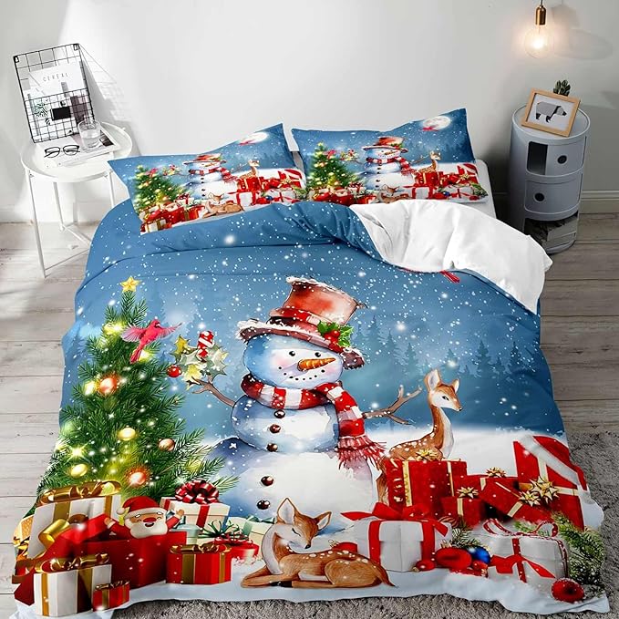 LUVIVIHOME 3PCS Cute Snowman Duvet Cover Queen Bedding, Christmas Bedding, Santa Claus Deer Cardinal Christmas Tree Winter Holiday New Year Xmas Gifts Christmas Comforter Quilt Cover, 2 Pillow Shams