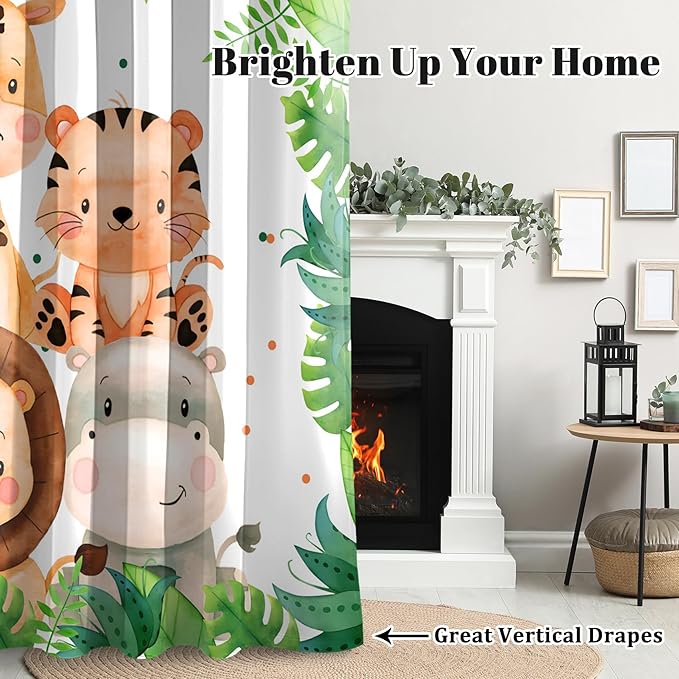 Renaiss 52 x 63 Inch Safari Animal Curtains for Kids Tropical Rainforest Lions Tigers Elephants Giraffes African Jungle Tree Green Leaf Print Window Drapes for Nursery Baby Bedroom Playroom 2 Panels