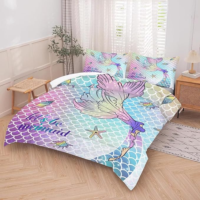 kxry Mermaid Tail Comforter Set Twin Size Gradient Fish Scales Sea Bedding Sets for Girls Teens Kids Ocean Starfish Conch Soft Microfiber Lightweight Comforter Set with 1 Comforter + 1 Pillow Case