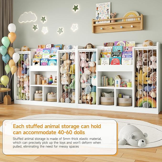ONBRILL Two Wooden Stuffed Animal Storage, Toddler Toy Storage Organizer with 4-Tier Kids Bookshelf and 3 Open Cube Shlef, Multifunctional Bookcase for Kids Rooms Playroom Nursery (White)