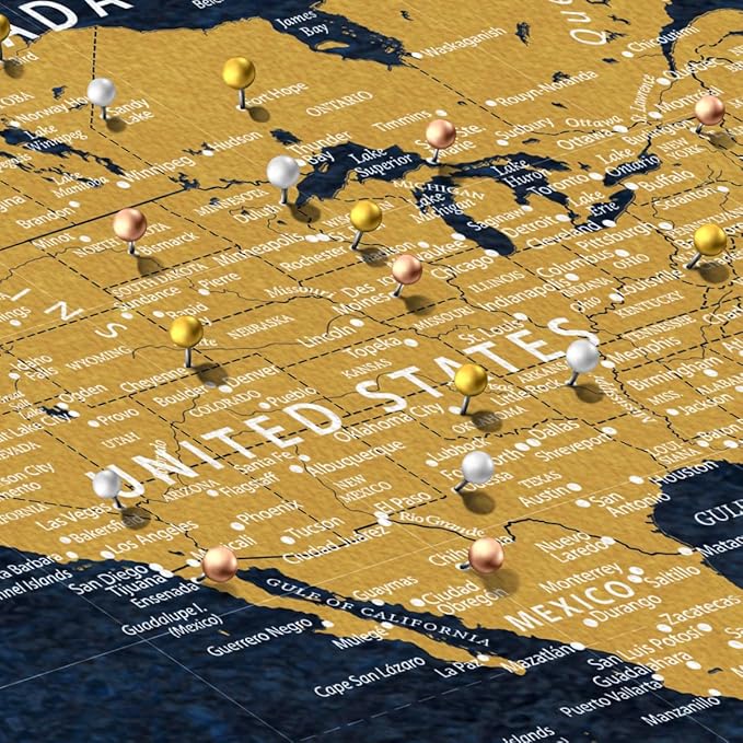 ElephantStock - Personalized Push Pin World Map - Gold Wall Art - Horizontal Canvas Wall Art - Living Room Wall Decor - Digital Art Map Canvas Art - Orange And Blue Decor - 36" x 24"