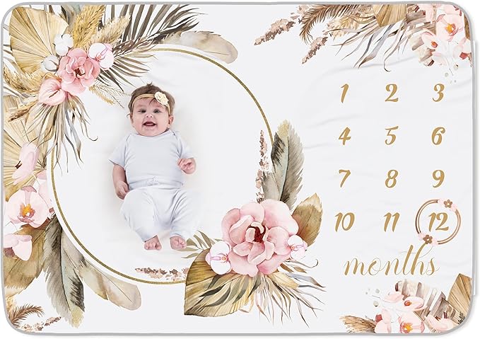 Chumia Baby Monthly Milestone Blanket for Girl Boy 59"x39" Floral Boho Photo Prop Blanket Baby Age Milestone with Felt Wreath Frame