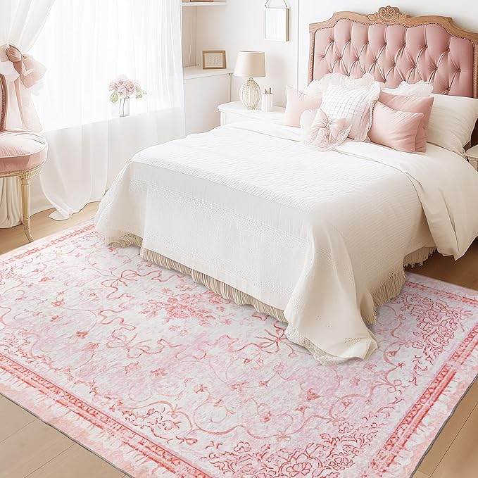 Pink Rug for Office Under Desk Rolling Chairs 4x6 - Small Classroom Rug Reading Corner,Washable Bow Floral Hardwood Floor Mat for Baby Nursery Bedroom