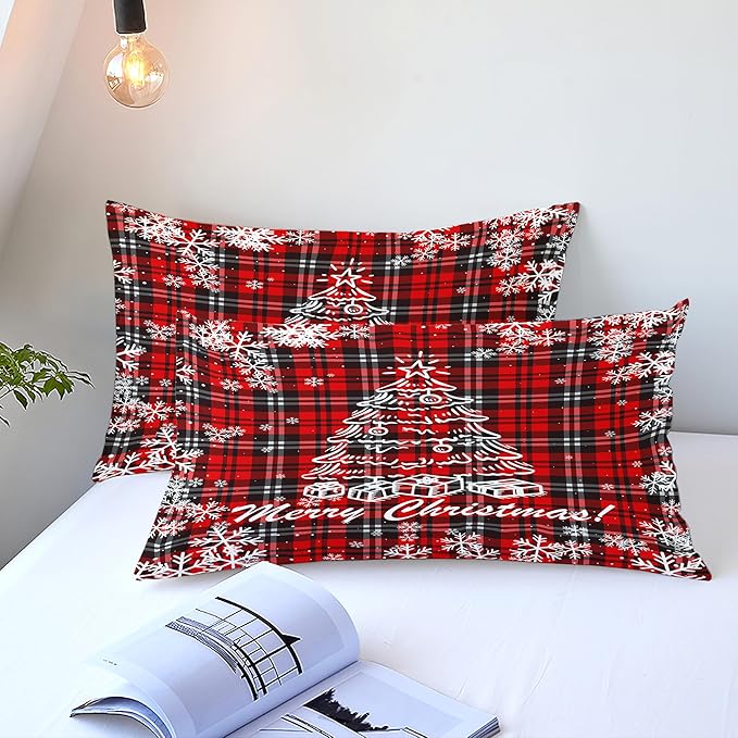 Christmas Duvet Cover King Size Black Red Gingham Xmas Bedding Set 3 Pieces Kids Boys Girls Christmas Tree Plaid Pattern Soft Comforter Cover with Zipper Closure
