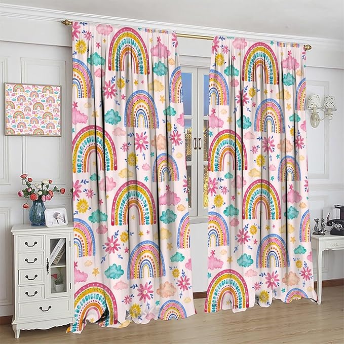 Kids Rainbow Curtains Boho Cartoon Colorful Stars Pink Lovely Rainbow Abstract Art Pattern Print Window Drapes for Bedroom Living Room Kitchen Decor,2 Panel Set,52x84 Inch Blackout