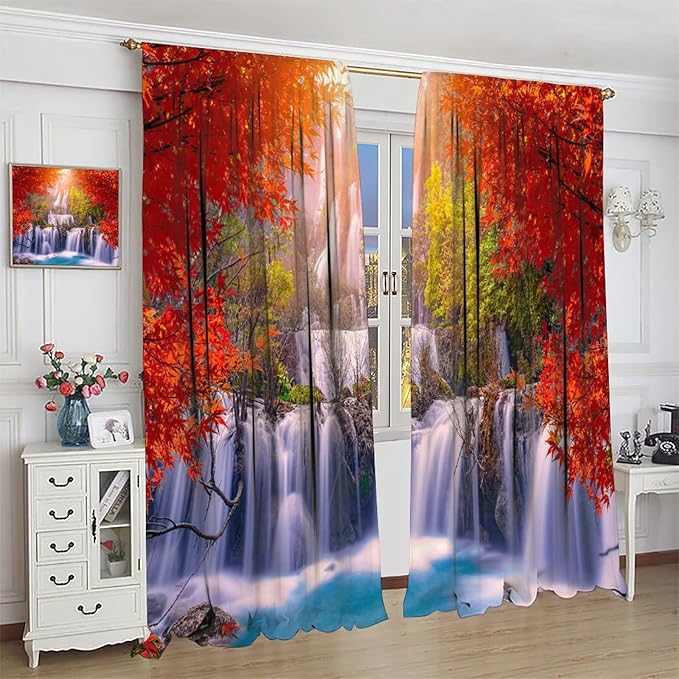 Forest Waterfall Blackout Windows Curtains, Autumn Red Green Maple Leaves Jungle Rainforest Natural Scenery Landscape Curtains, for Living Room Bedroom 55x63in 2 Panels