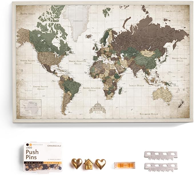 Canvas World Map with Cork Pin Board - English Lettering - Decorative Wall Decoration for All Rooms - Canvas Pictures with World Map Motif (150x100 cm, Pattern 24)