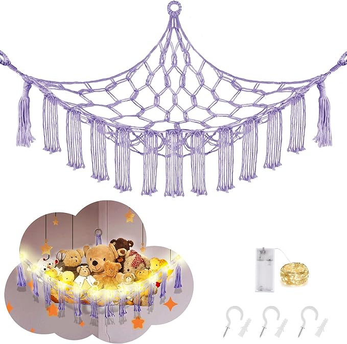Stuffed Animal Hammock with LED Light, Large Stuffed Animals Storage Corner Plushie Net for Kids Room Decor, Purple