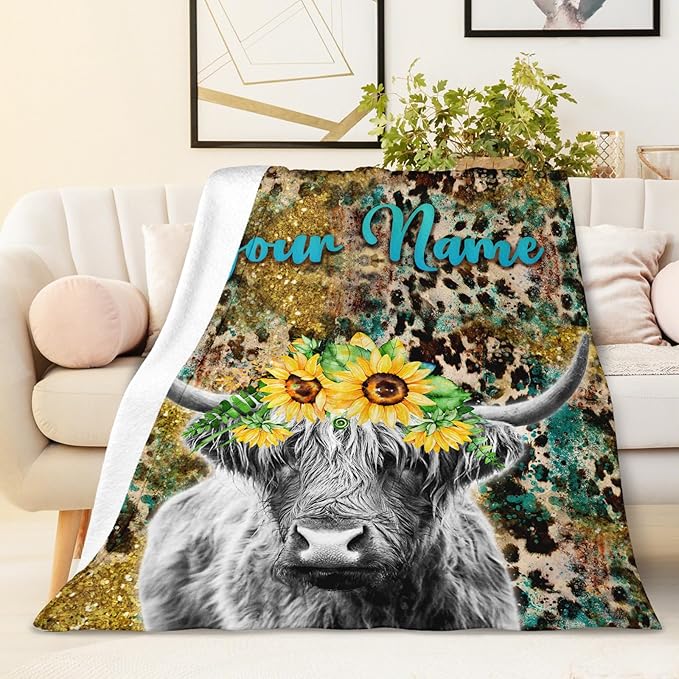 Custom Highland Cow Blanket Gifts with Name - 50x40 Inches Cute Throw Blanket for Women Girls - Dark Soft Fuzzy Vintage Leopard Print Blankets for Crib Couch Sofa Travel