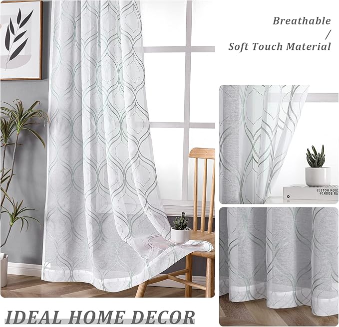 VISIONTEX White Sheer Curtains 63 Inch Length 2 Panels Set Green Moroccan Embroidered Curtains Trellis French Textured Rod Pocket Voile Tulle Semi Window Drapes for Bedroom Living Room 54 x 63 Inches
