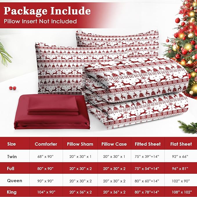 7 Pcs Queen Size Christmas Comforter Set with 2 Pillowcases & 2 Shams, Red Winter Funny Reindeer Bedding for Kids and Adults, Pine Tree Snowflake Bed in a Bag with Flat Fitted Sheet