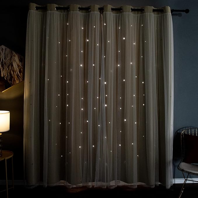 Kinryb Kids Blackout Curtains for Bedroom/Living Room/Classroom, Sheer Overlay 84 Inches 2 Panel Set, Double Layer Curtains with Star Cutout for Kids Room(W 52 x L 84 Inches,Beige 2 Pcs)