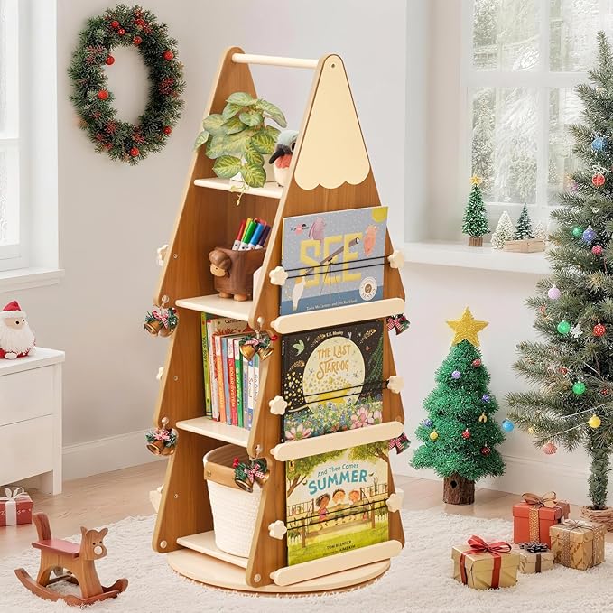 Solid Wood Kids Bookshelf, 4 Tier Rotating Bookshelf, 360° Revolving Bookcase Floor Standing Tree Book Shelf for Kids Rooms, Living Room, Nursery
