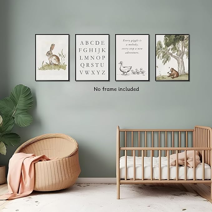 Kousne Nursery Gallery Wall Art Animal Canvas Prints Vintage Rustic Poster Set for Kids’ Room Decor Alphabet Inspirational Quotes Wall Art Neutral Baby Room Painting Unframed12x16 Inches